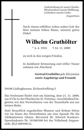 Todesanzeige von Wilhelm Gruthölter von Westfälische Nachrichten