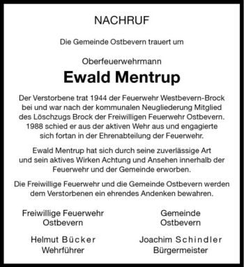 Todesanzeige von Ewald Mentrup von Westfälische Nachrichten