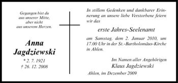 Todesanzeige von Anna Jagdziewski von Westfälische Nachrichten