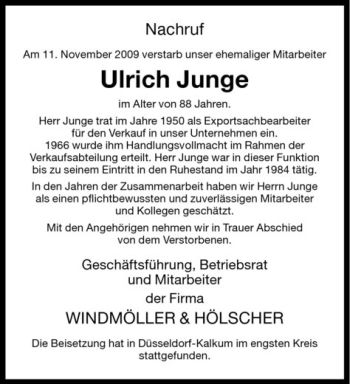 Todesanzeige von Ulrich Junge von Westfälische Nachrichten