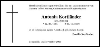 Todesanzeige von Antonia Kortländer von Westfälische Nachrichten