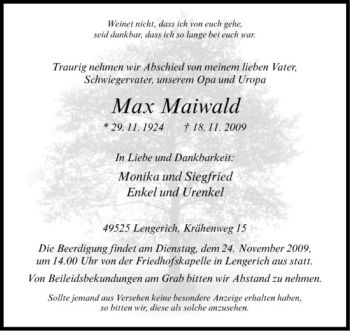 Todesanzeige von Max Maiwald von Westfälische Nachrichten