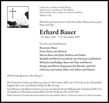 Todesanzeige von Erhard Bauer von Westfälische Nachrichten