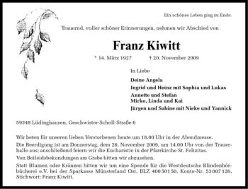 Todesanzeige von Franz Kiwitt von Westfälische Nachrichten