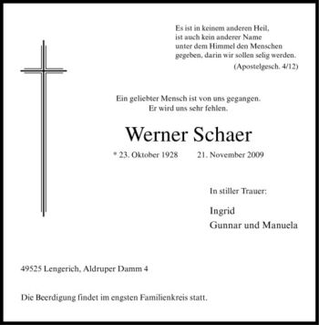 Todesanzeige von Werner Schaer von Westfälische Nachrichten