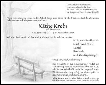 Todesanzeige von Käthe Krebs von Westfälische Nachrichten