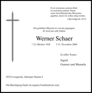 Todesanzeige von Werner Schaer von Westfälische Nachrichten