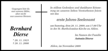 Todesanzeige von Bernhard Dierse von Westfälische Nachrichten