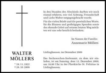 Todesanzeige von Walter Möllers von Westfälische Nachrichten