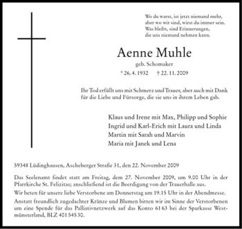 Todesanzeige von Aenne Muhle von Westfälische Nachrichten