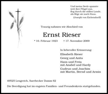 Todesanzeige von Ernst Rieser von Westfälische Nachrichten