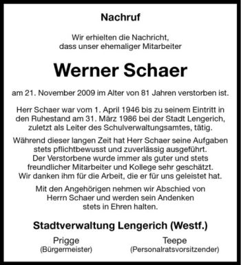 Todesanzeige von Werner Schaer von Westfälische Nachrichten