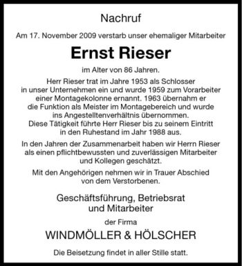 Todesanzeige von Ernst Rieser von Westfälische Nachrichten