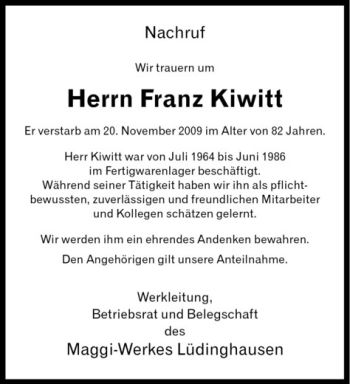 Todesanzeige von Franz Kiwitt von Westfälische Nachrichten