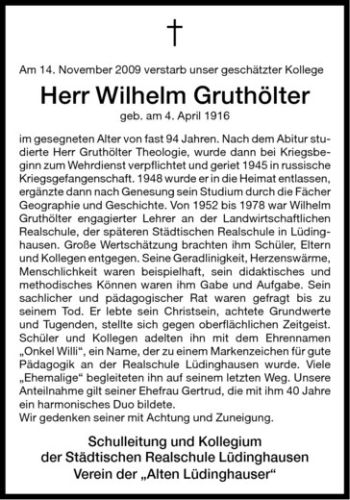 Todesanzeige von Wilhelm Gruthölter von Westfälische Nachrichten