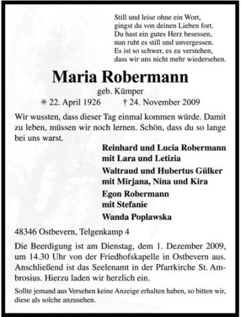 Todesanzeige von Maria Robermann von Westfälische Nachrichten