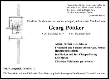 Todesanzeige von Georg Pöttker von Westfälische Nachrichten