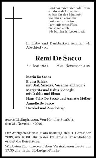 Todesanzeige von Remi De Sacco von Westfälische Nachrichten