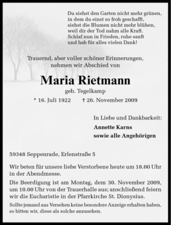 Todesanzeige von Maria Rietmann von Westfälische Nachrichten