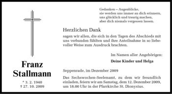 Todesanzeige von Franz Stallmann von Westfälische Nachrichten