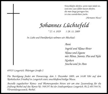 Todesanzeige von Johannes Lüchtefeld von Westfälische Nachrichten