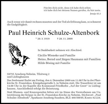 Todesanzeige von Paul Heinrich Schulze-Altenbork von Westfälische Nachrichten