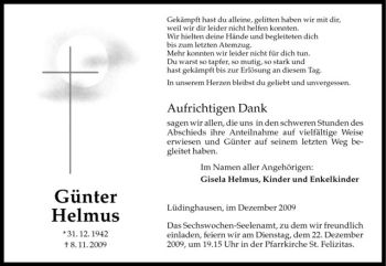 Todesanzeige von Günter Helmus von Westfälische Nachrichten