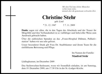 Todesanzeige von Christine Stehr von Westfälische Nachrichten