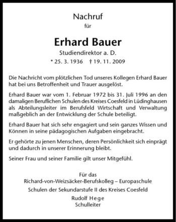 Todesanzeige von Erhard Bauer von Westfälische Nachrichten
