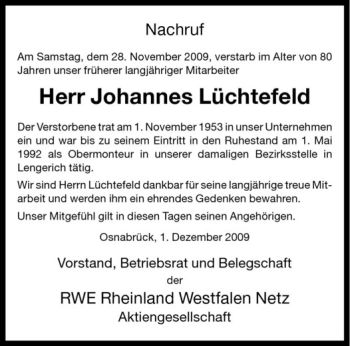 Todesanzeige von Johannes Lüchtefeld von Westfälische Nachrichten