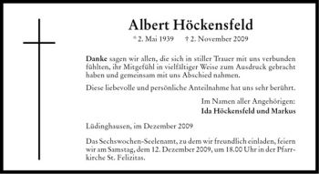 Todesanzeige von Albert Höckensfeld von Westfälische Nachrichten