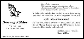 Todesanzeige von Hedwig Köhler von Westfälische Nachrichten