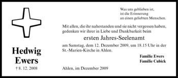 Todesanzeige von Hedwig Ewers von Westfälische Nachrichten
