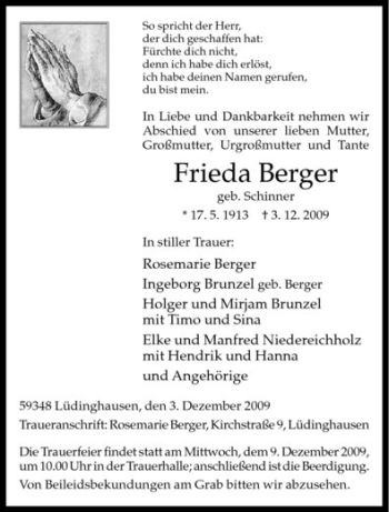 Todesanzeige von Frieda Berger von Westfälische Nachrichten