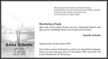 Todesanzeige von Anna Schotte von Westfälische Nachrichten