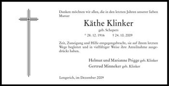 Todesanzeige von Käthe Klinker von Westfälische Nachrichten