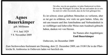 Todesanzeige von Agnes Bauerkämper von Westfälische Nachrichten