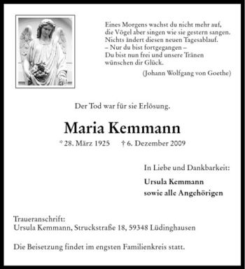 Todesanzeige von Maria Kemmann von Westfälische Nachrichten