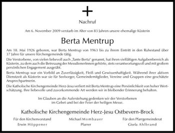 Todesanzeige von Berta Mentrup von Westfälische Nachrichten