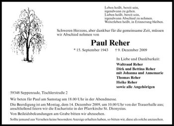Todesanzeige von Paul Reher von Westfälische Nachrichten