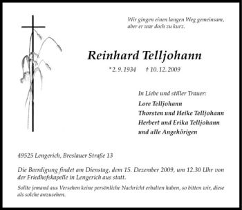Todesanzeige von Reinhard Telljohann von Westfälische Nachrichten