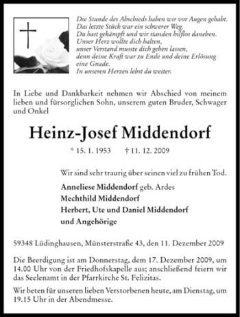 Todesanzeige von Heinz-Josef Middendorf von Westfälische Nachrichten