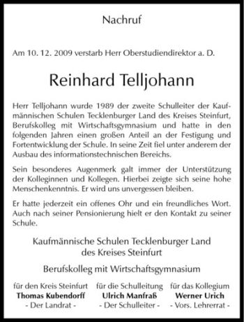 Todesanzeige von Reinhard Telljohann von Westfälische Nachrichten