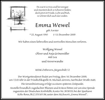 Todesanzeige von Emma Wewel von Westfälische Nachrichten