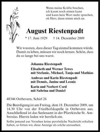 Todesanzeige von August Riestenpadt von Westfälische Nachrichten