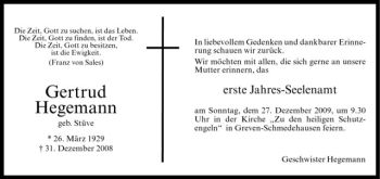 Todesanzeige von Gertrud Hegemann von Westfälische Nachrichten