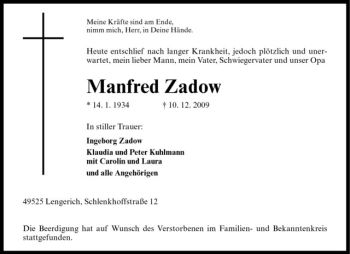 Todesanzeige von Manfred Zadow von Westfälische Nachrichten