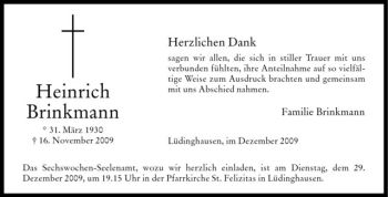 Todesanzeige von Heinrich Brinkmann von Westfälische Nachrichten
