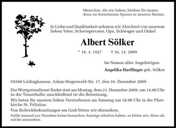 Todesanzeige von Albert Sölker von Westfälische Nachrichten