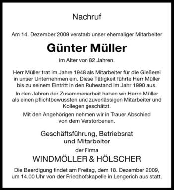 Todesanzeige von Günter Müller von Westfälische Nachrichten